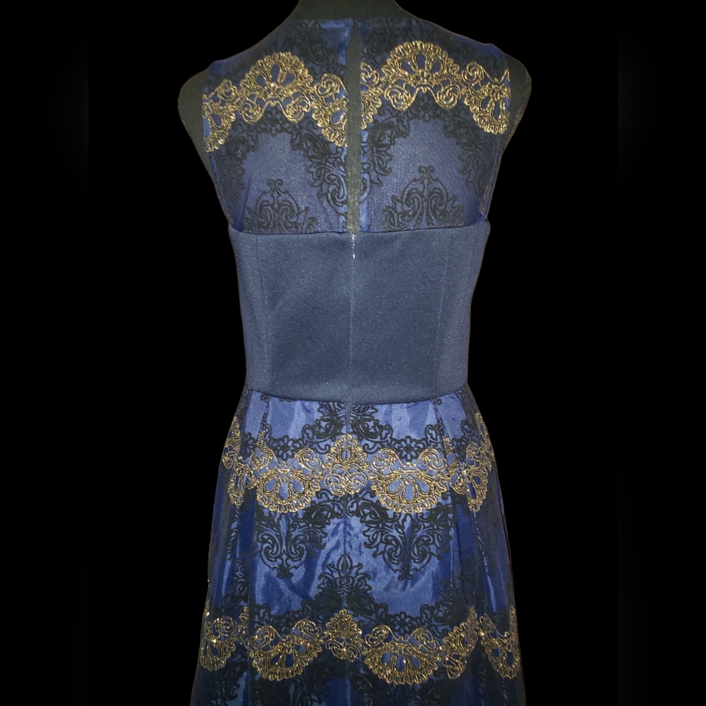 Studio One Navy Blue Dress w/ Black & Gold Embroidered Lace Overlay (Size 6) - Picture 8 of 16